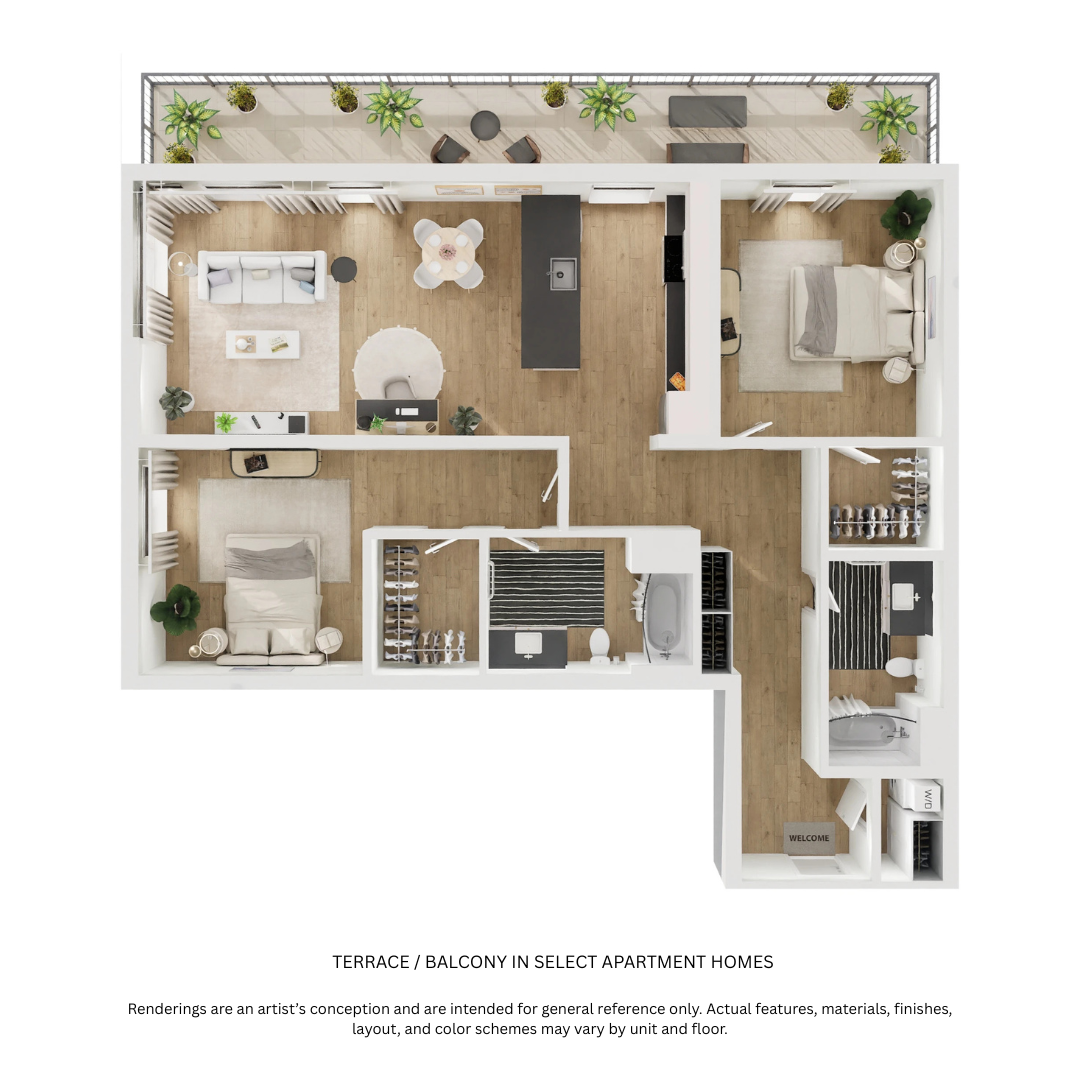 Floor plan for 2 beds, 2 baths, 1192 sqft